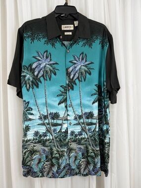 Campia Moda Hawaiian Shirt L Black Teal Palm Tree Rayon Button Up